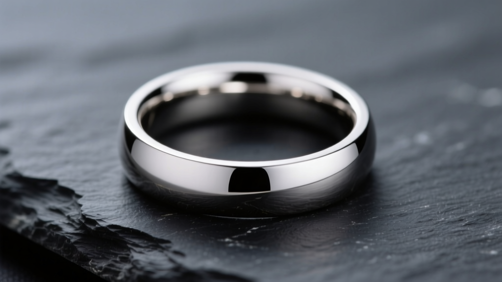 Macro shot of a polished platinum wedding band on dark slate, reflecting soft studio lighting with sharp metallic highlights.
