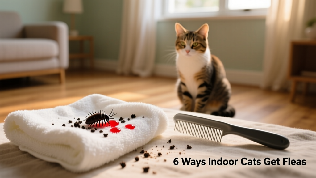 Macro photo showing flea dirt on a white towel turning red when wet, next to a flea comb and a calm indoor cat