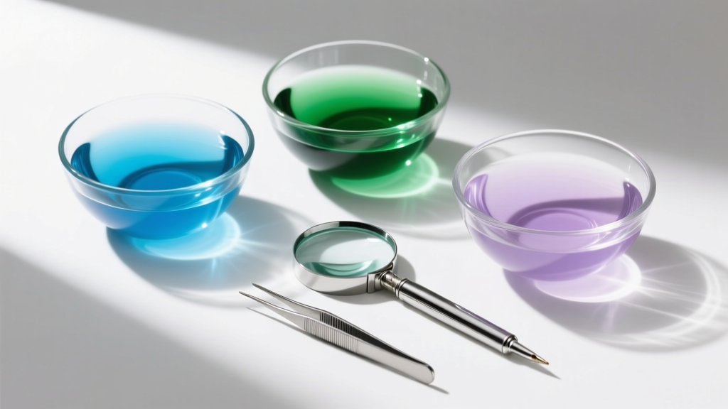 Flat lay of glass bowls with cleaning solutions, a jeweler