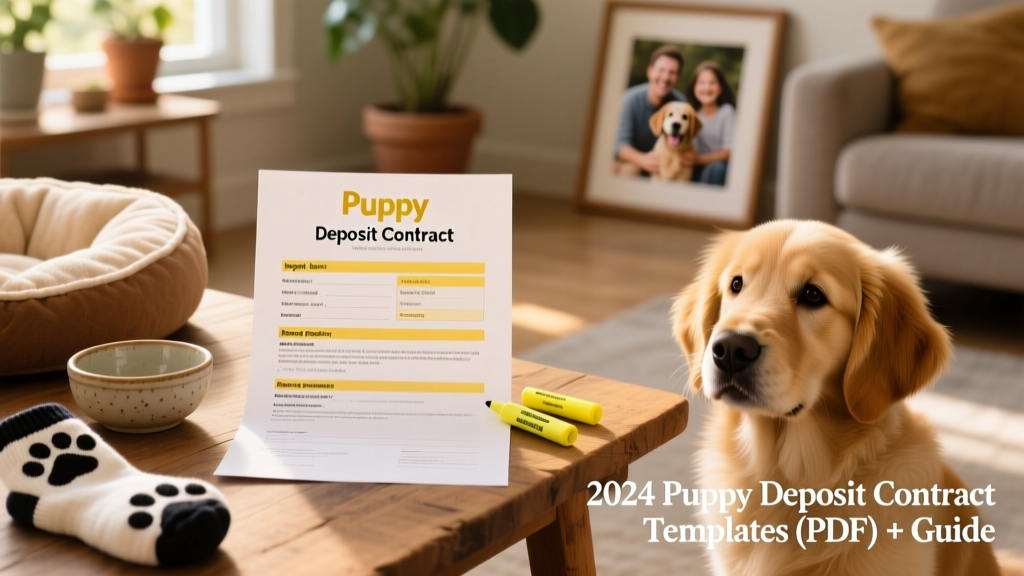 Close-up of a printed puppy deposit contract with highlighted key sections