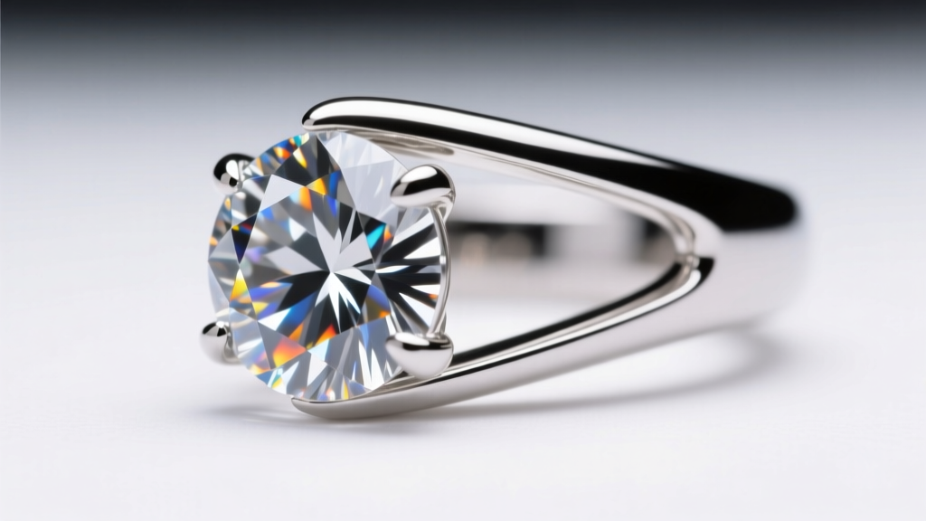 Macro view of a platinum prong holding a diamond, showing precise metal tension and polished surfaces under bright studio lighting