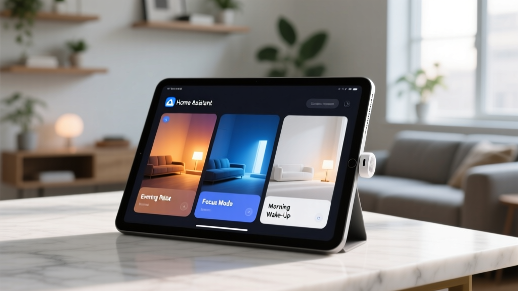 Home Assistant tablet dashboard showing lighting scenes triggered by the Gadget MR sensor