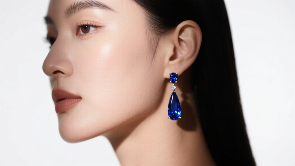 Side profile of a woman wearing elongated sapphire drop birthstone earrings that complement a round face shape, studio lighting.