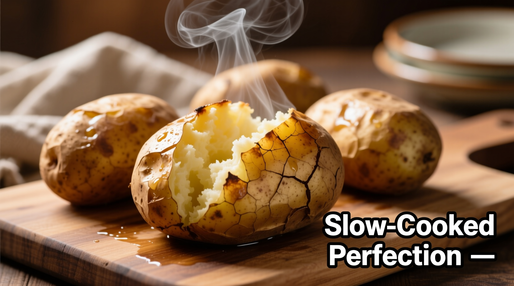 Perfectly cooked crock pot baked potatoes with steam rising