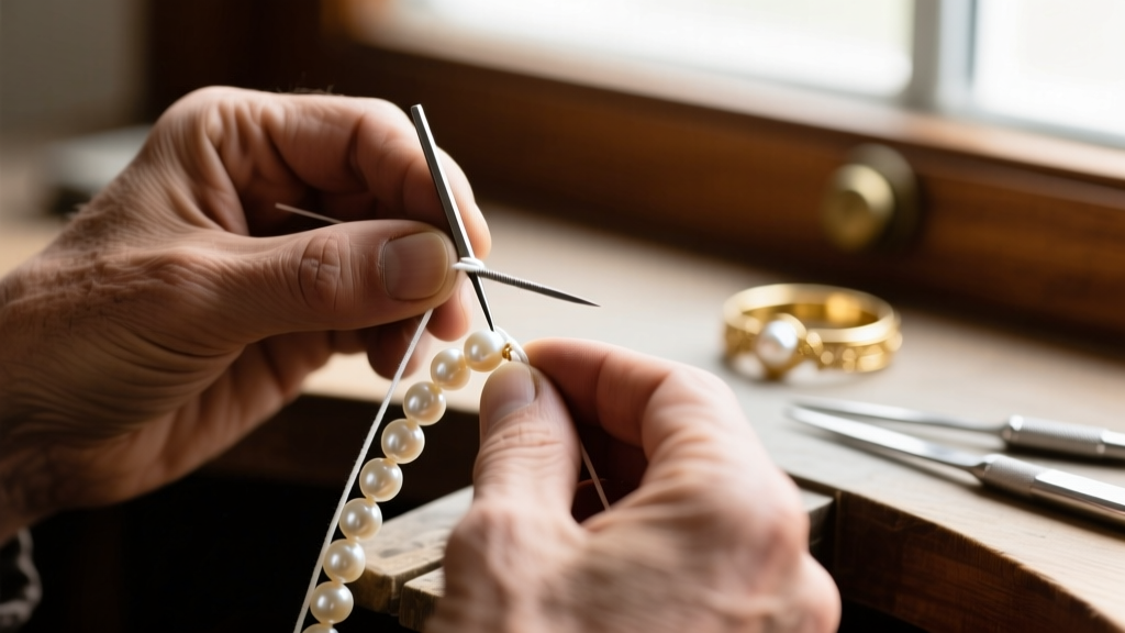 Jeweler using an awl to knot white silk thread between cream vintage pearls, with a gold clasp softly blurred in the background.