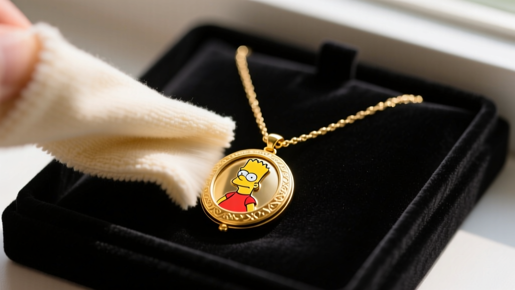 A soft microfiber cloth gently polishing a gold-plated Maggie Simpson locket necklace on a dark velvet jewelry display tray.
