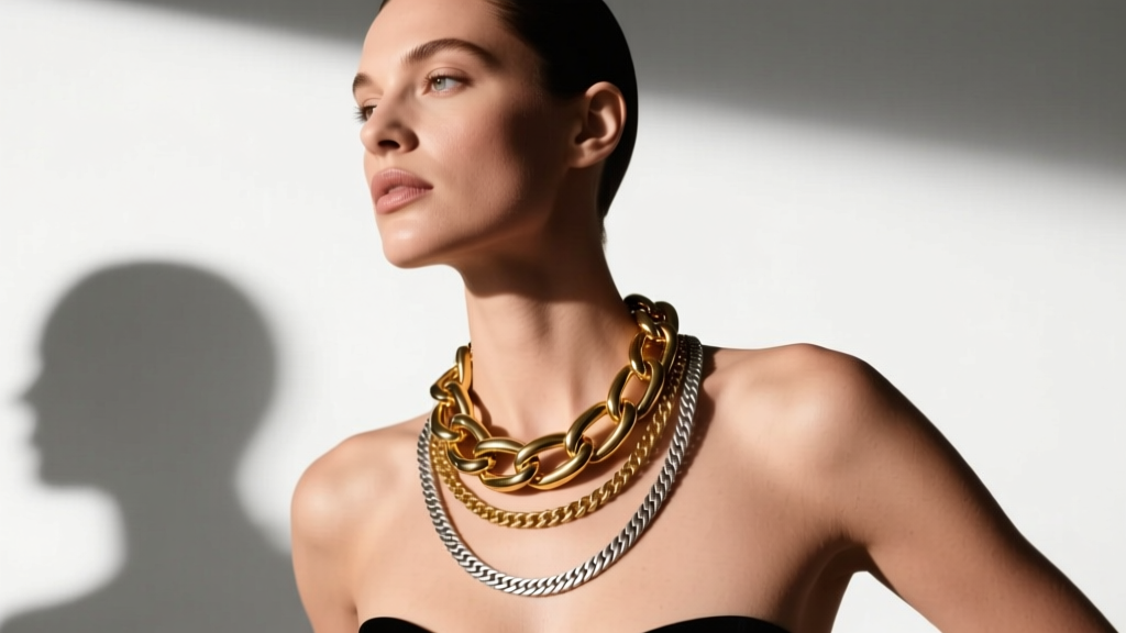 Model wearing a layered necklace look with a chunky gold figaro chain and thin silver herringbone under warm studio light