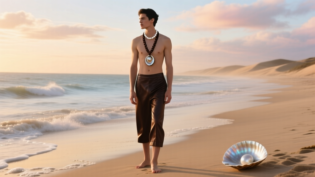 Man wearing a dark oyster shell necklace on a braided leather cord, standing on a beach with soft cinematic lighting.