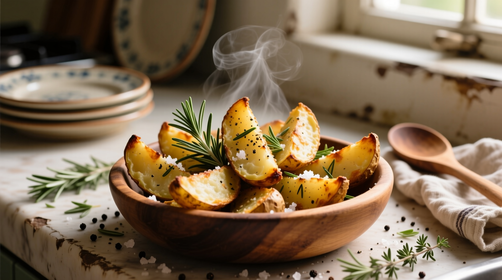 Homemade baked potato wedges with herbs