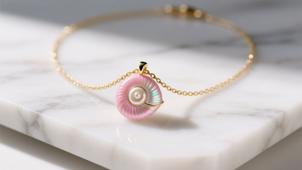 Flat-lay of a delicate pink seashell necklace on white marble, featuring a polished conch shell pendant on a fine 14k gold chain
