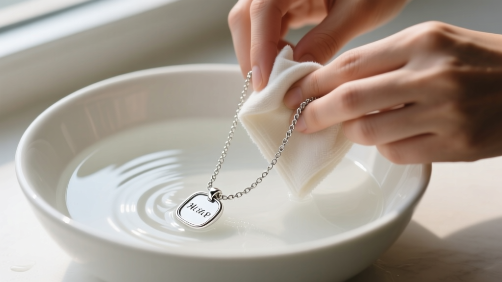 Hands gently wiping a sterling silver memorial necklace chain with a microfiber cloth over a ceramic bowl of mild soapy water.