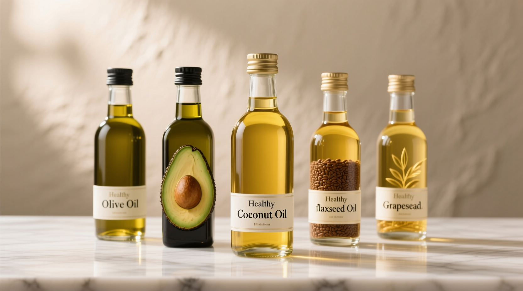 Various healthy cooking oils in glass bottles