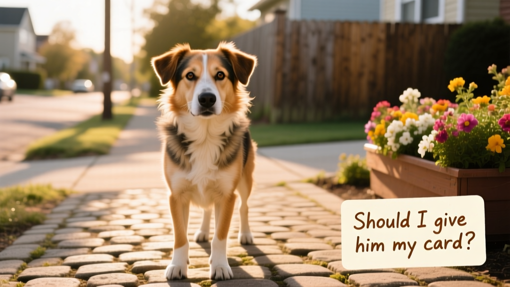 A friendly neighborhood dog giving a curious, gentle stare at the camera—captioned 'Should I give him my card?' as a playful nod to pet sitter introductions