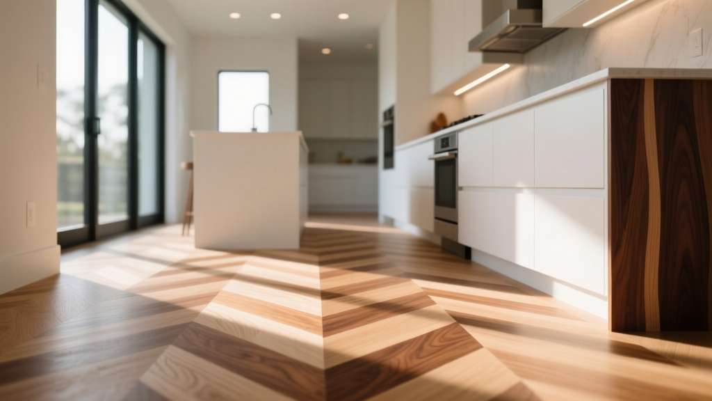 Close-up of sanded white oak and walnut hardwood planks intersecting in a herringbone pattern inside a sunlit modern kitchen