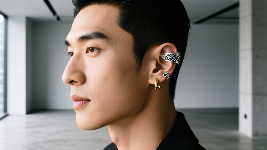 Editorial profile shot of a man highlighting a curated ear stack with a 16-gauge gold tragus stud and an intricate silver ear cuff