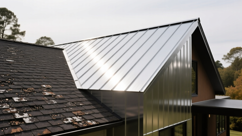 Dark architectural asphalt shingles on a steep suburban roof contrasting with standing seam metal panels on a modern farmhouse