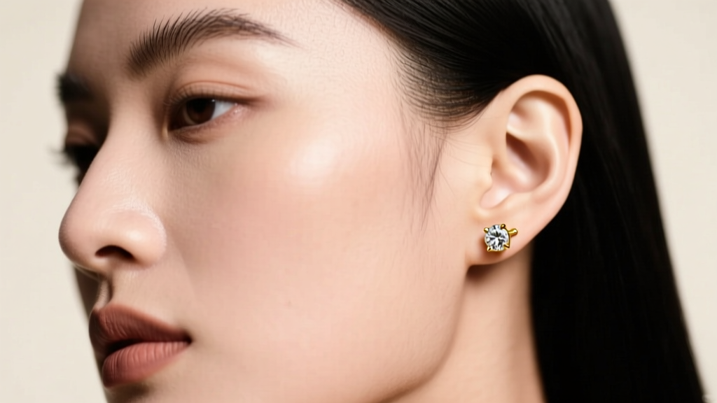 Portrait showing a single 14k gold diamond stud in the right ear lobe, soft studio lighting, modern asymmetrical fashion style.