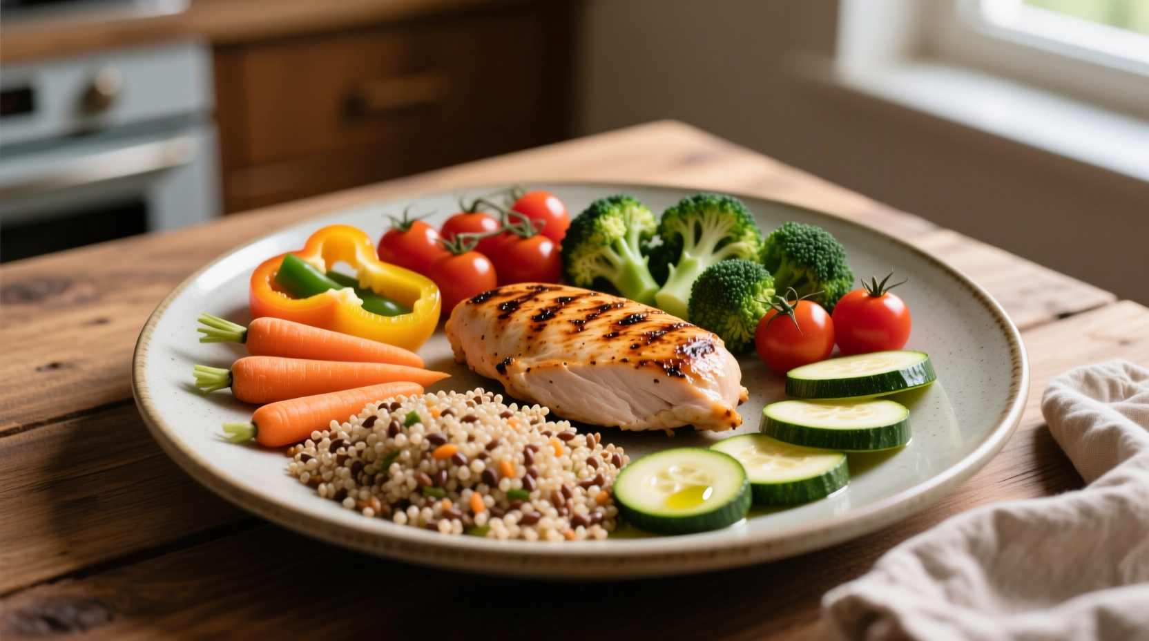 Colorful plate with vegetables, lean protein, and whole grains
