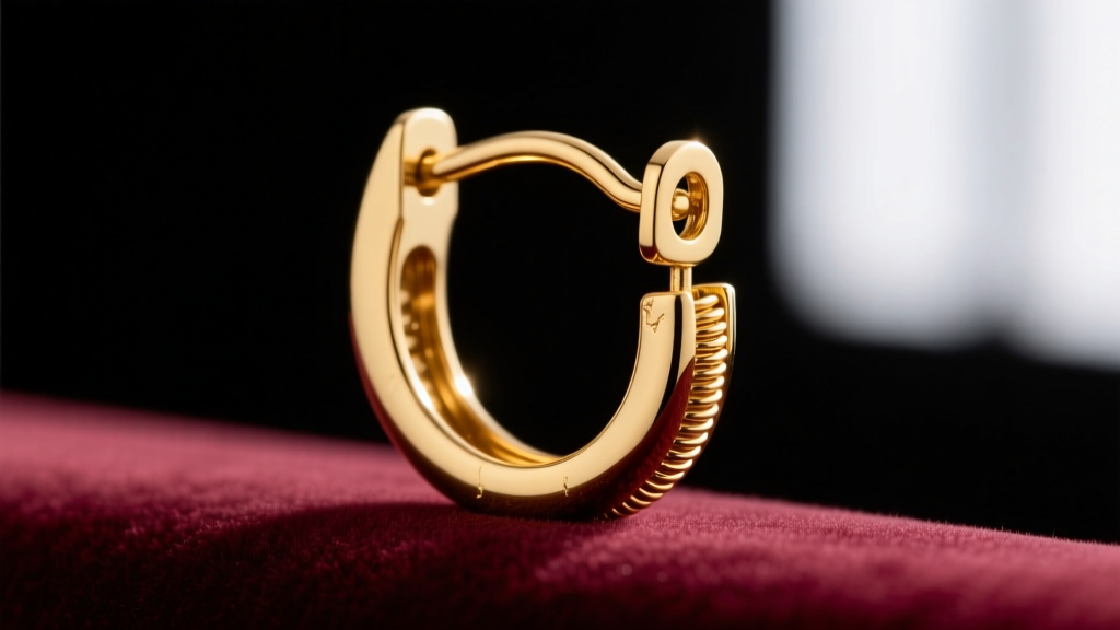 Macro shot of an 18k gold leverback earring hook on velvet, highlighting the hinged clasp mechanism and 20-gauge wire thickness.