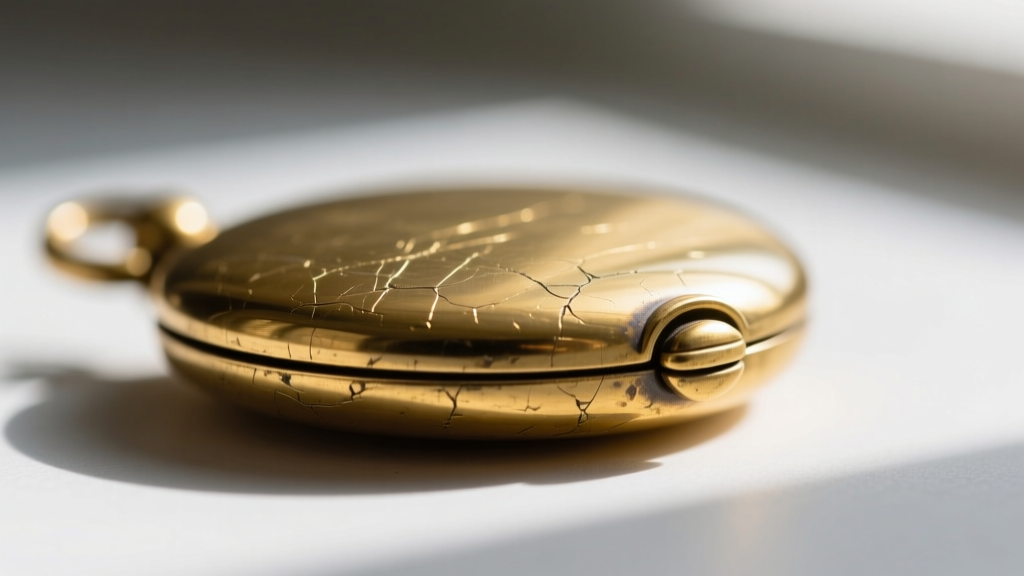 Macro shot of a vintage gold-plated locket clasp showing raw brass under the worn electroplated finish and minor surface scratches