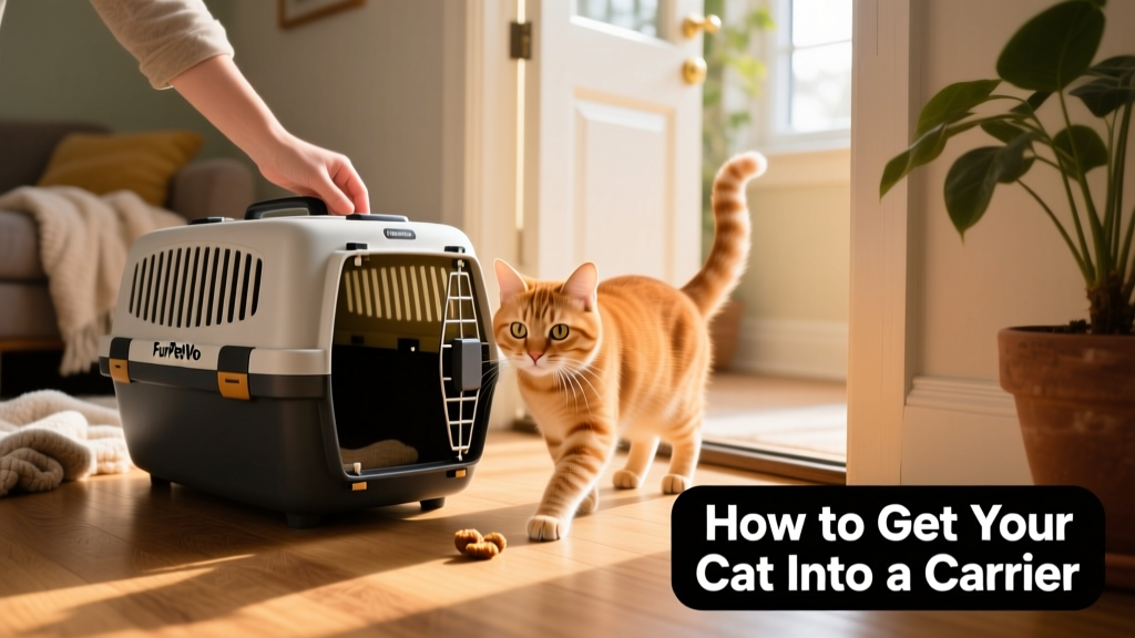 A person placing treats just inside the open door of a FurPetVo carrier, with a curious cat approaching