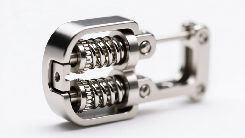 Extreme close-up photo showing the internal dual-spring mechanism of a stainless steel La Pousette earring locking clutch on white