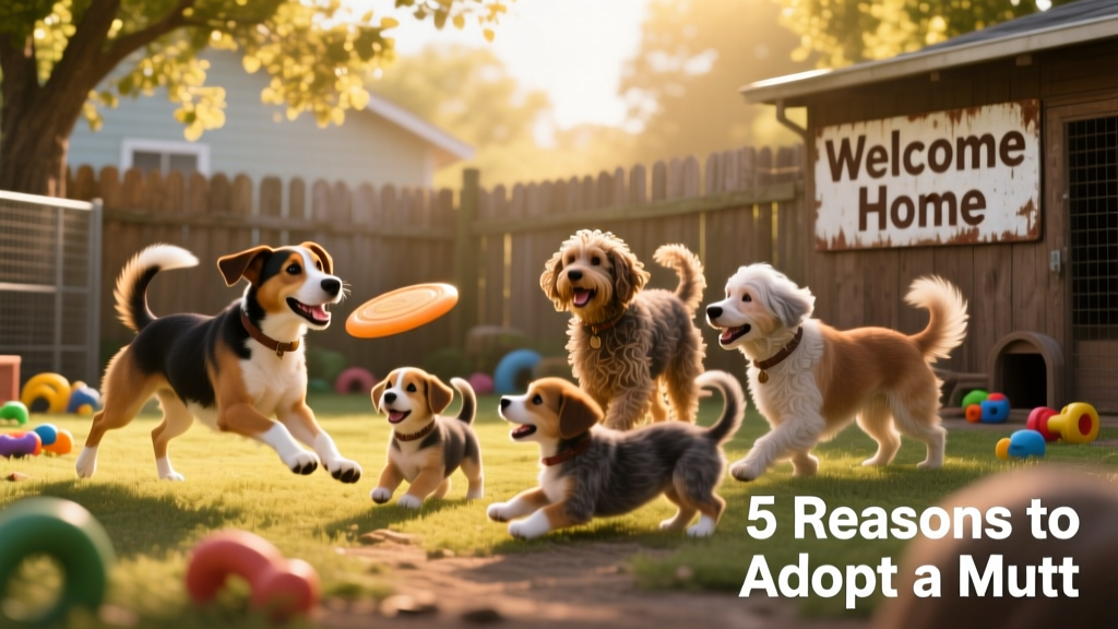 A diverse group of happy mixed-breed dogs of different sizes, coat types, and ages playing together in a sunlit shelter yard