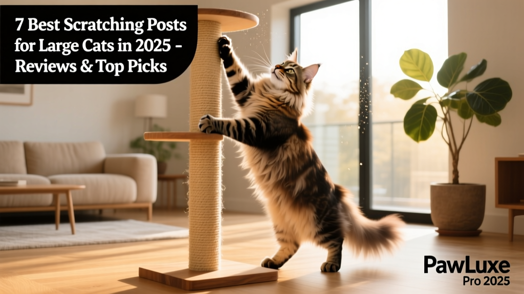 Large cat stretching and scratching a tall, sturdy post in a sunlit living room