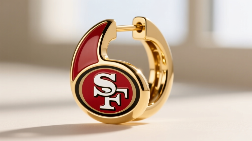 Extreme close-up of a 14k gold-plated 49ers logo huggie earring, highlighting the smooth red enamel fill and secure hinge clasp