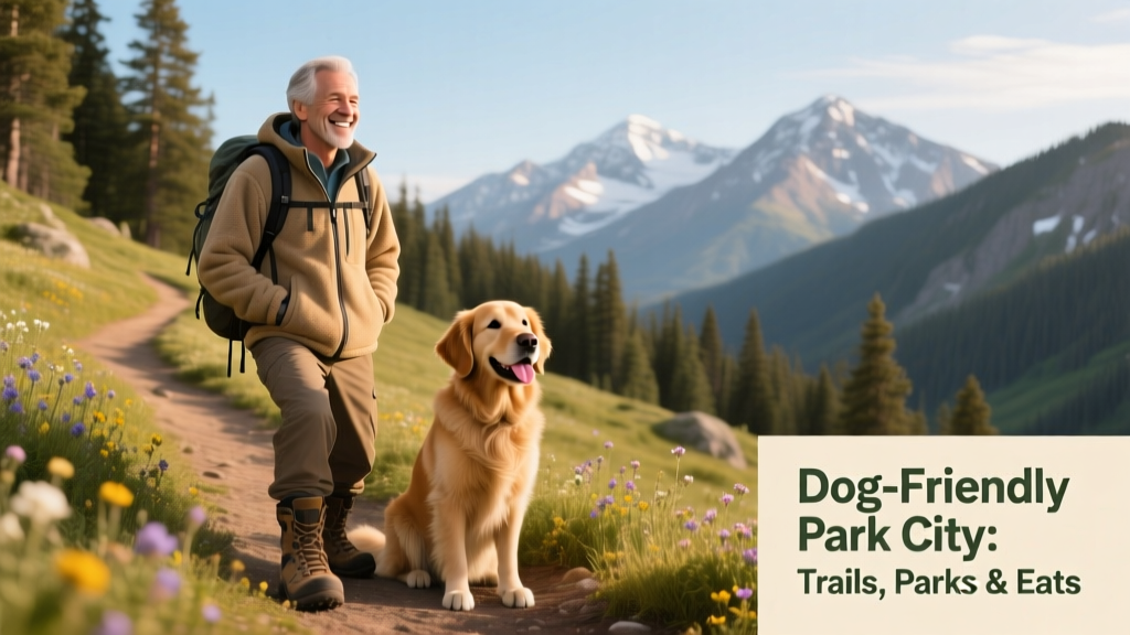 A hiker and their dog pausing on a scenic mountain trail near Park City