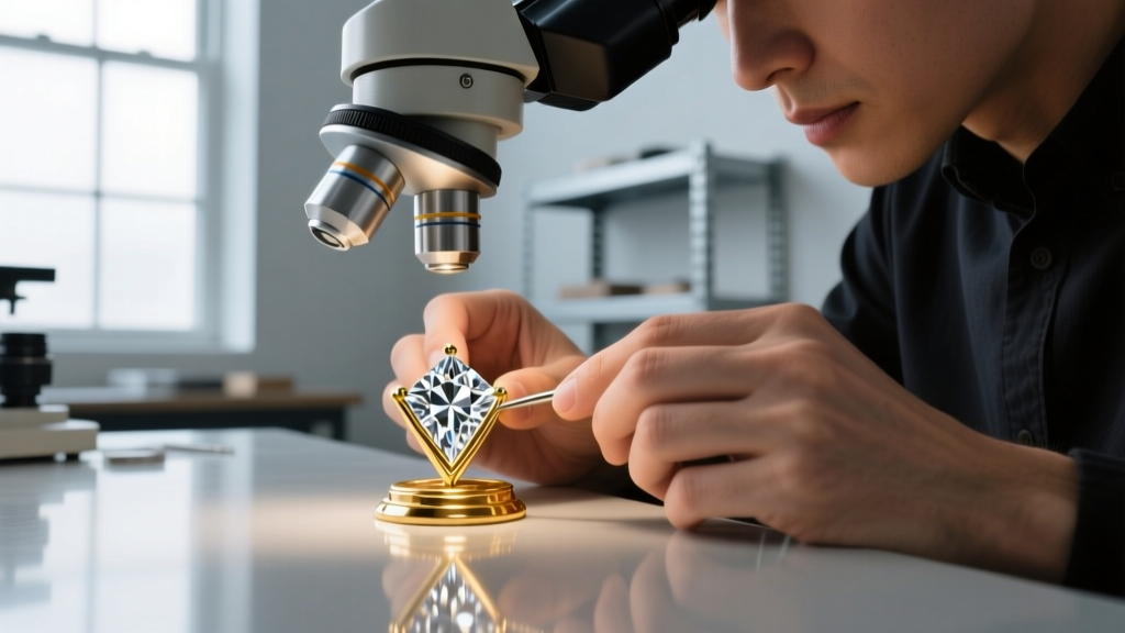 Jeweler using a microscope to set a V-prong on a star-cut diamond corner, with bright lighting highlighting the polished 18k gold.