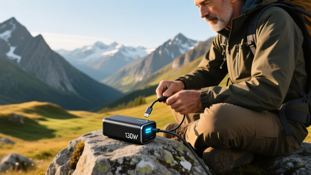 Hiker plugging USB-C cable into graphene-enhanced 130W power bank while sitting on a granite boulder overlooking an alpine valley