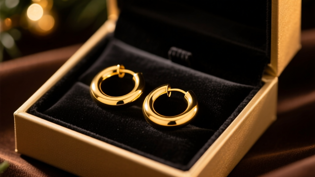 Open gift box revealing solid 14k yellow gold huggie hoops on dark velvet, illuminated by moody, luxurious holiday lighting.