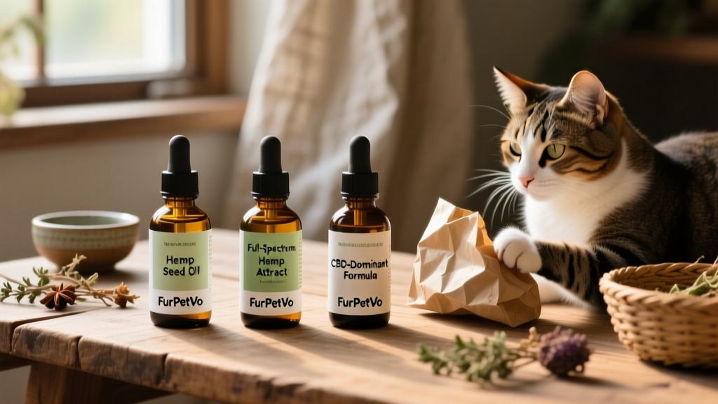 Side-by-side comparison of three FurPetVo bottles: one labeled 'Hemp Seed Oil', another 'Full-Spectrum Hemp Extract', and a third 'CBD-Dominant Formula'