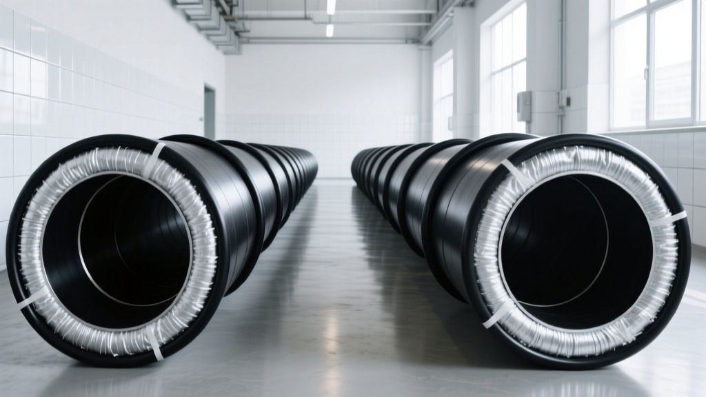 Cross-section of steel pipes wrapped in black elastomeric rubber and silver fiberglass insulation in a bright mechanical room