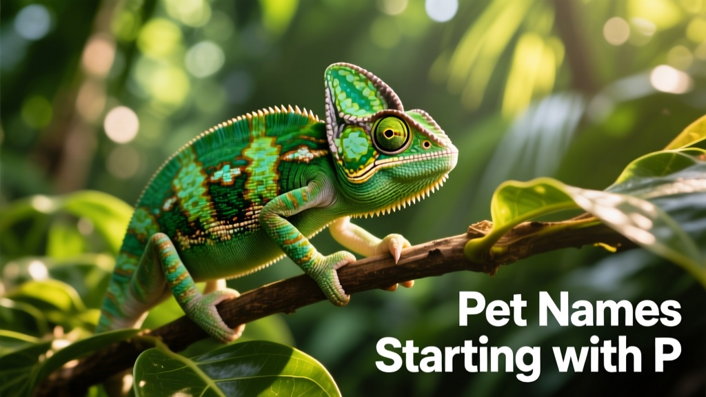A vibrant green chameleon clinging to a leafy branch, eyes swiveling independently