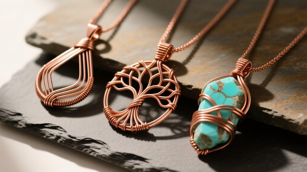 Three copper wire wrapped pendants on slate: a geometric teardrop, a woven tree of life motif, and a raw turquoise crystal wrap.
