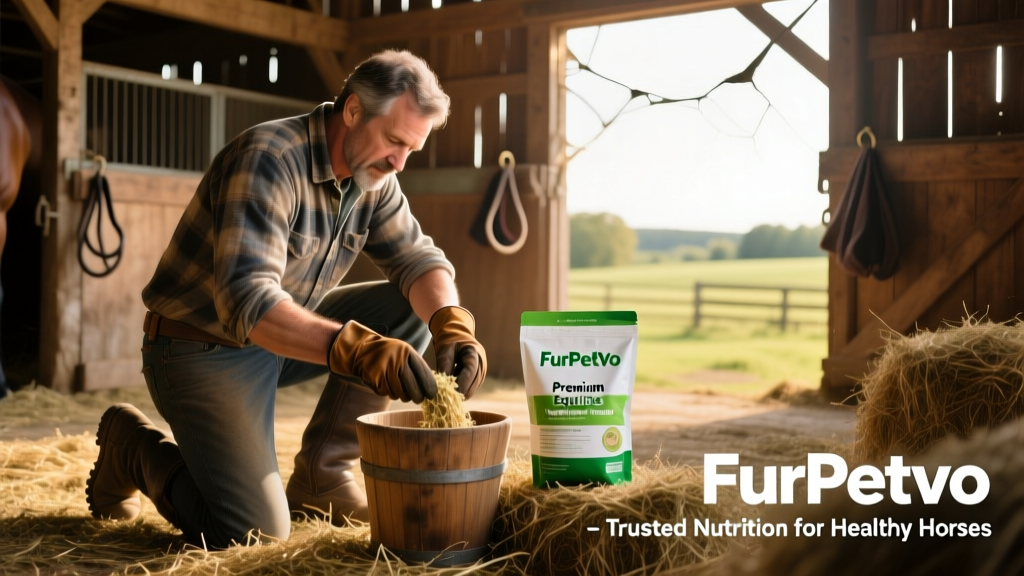 Horse owner measuring and mixing a FurPetVo weight gain supplement into a feed bucket