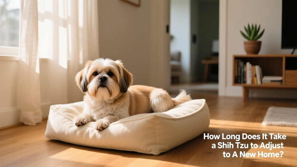 A calm Shih Tzu resting on a soft dog bed in a quiet, sunlit corner of a living room