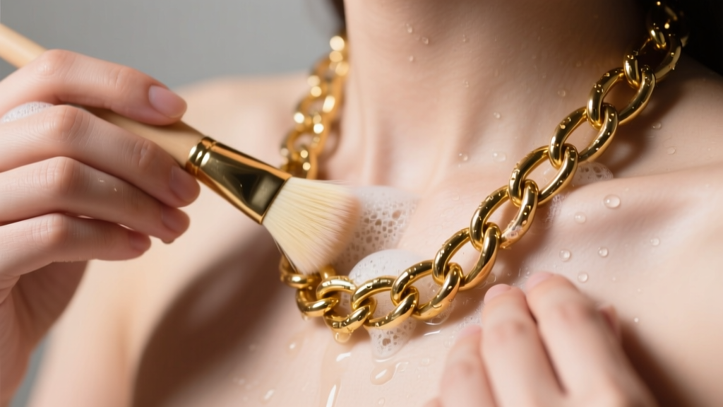 Hands using a soft baby brush and soapy water to gently clean the heavy brass links of a chunky gold vermeil lariat necklace
