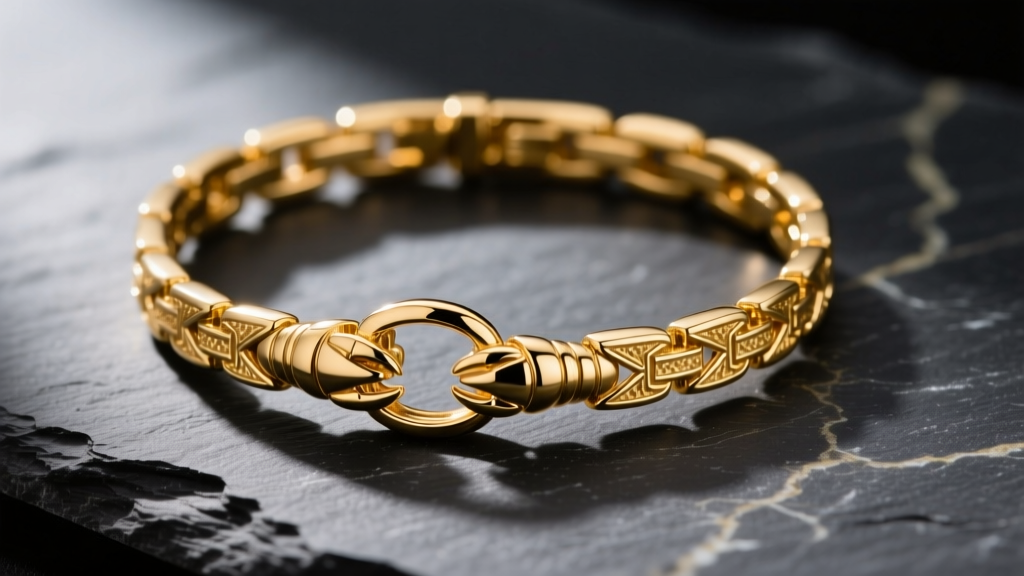 Close-up of a 14k solid gold short choker necklace resting on dark slate, highlighting the intricate lobster clasp mechanism.