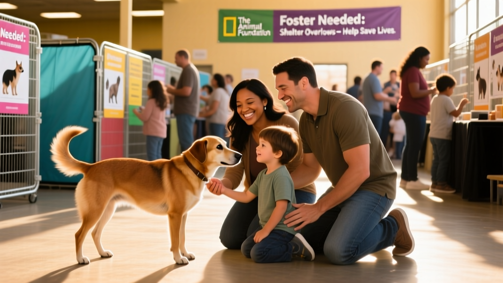 Happy family meeting a friendly dog during an adoption event at The Animal Foundation