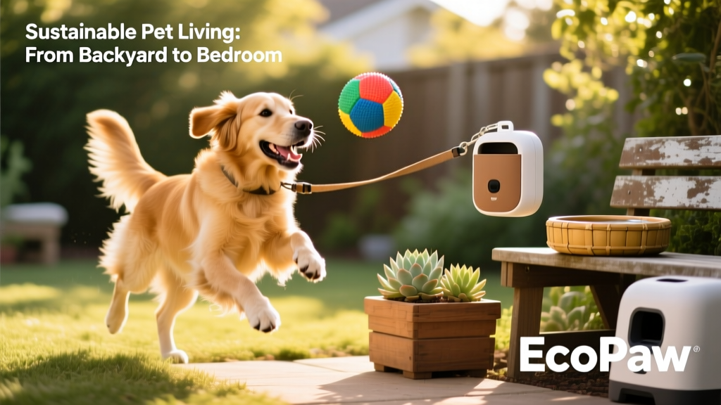 A sunny backyard scene with a dog playing with a recycled rubber ball, and a reusable waste bag dispenser attached to a leash