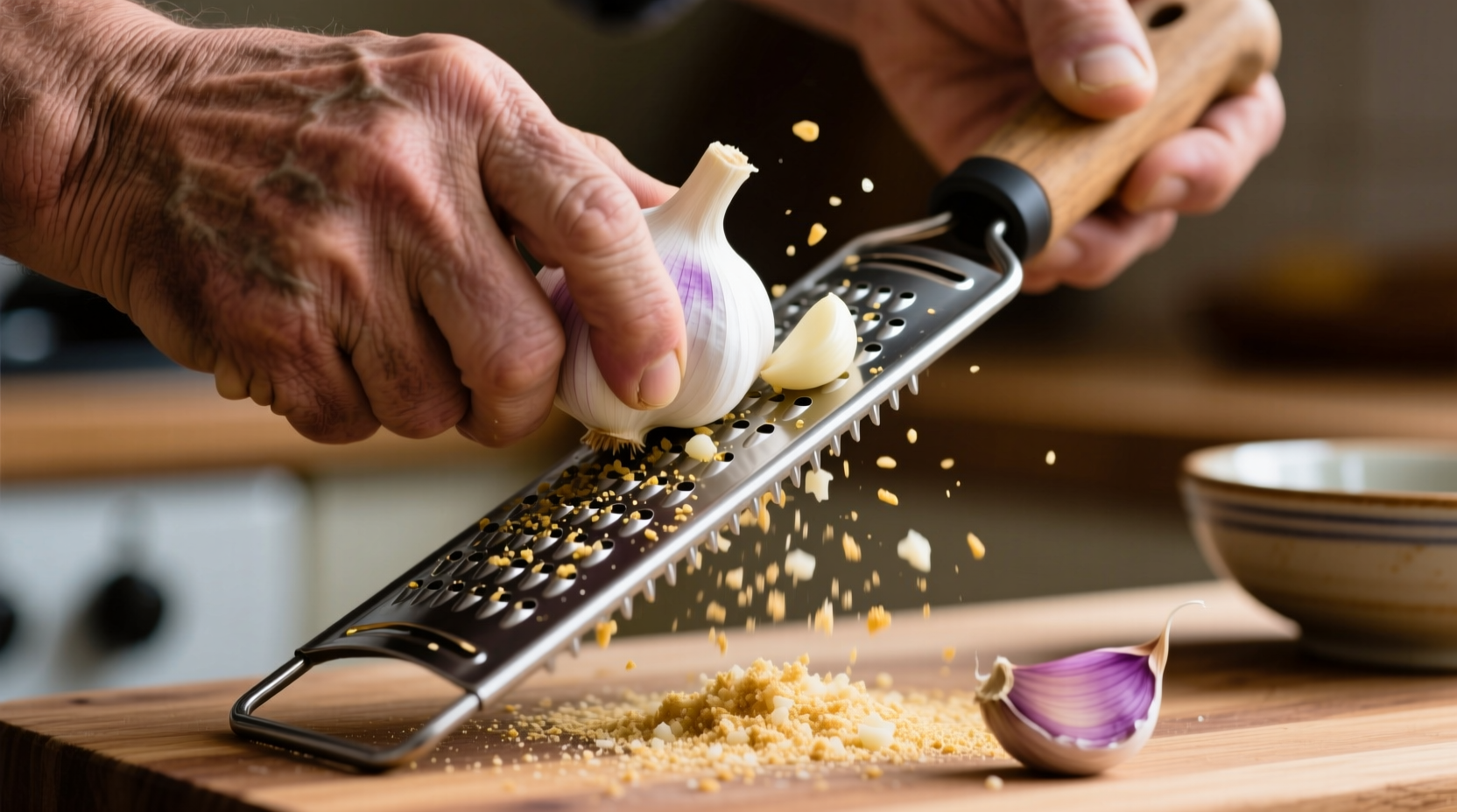 Hand grating fresh garlic on microplane