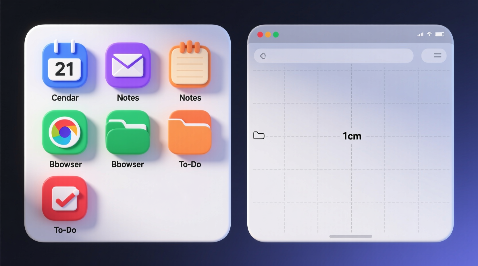 Side-by-side desktop screenshots: left shows five clearly labeled, evenly spaced icons aligned top-left (Calendar, Email, Notes, Browser, To-Do); right shows an empty desktop with faint grid lines visible, no icons or folders
