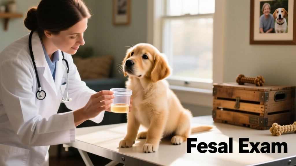 Veterinarian examining a dog while holding a fecal sample container
