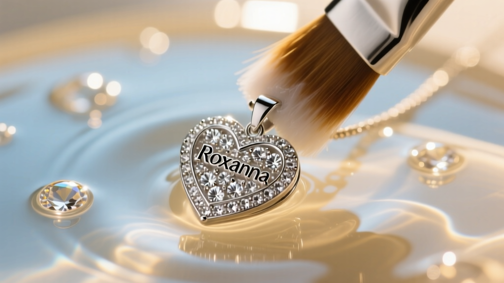 Macro shot of a soft brush cleaning micro-pave diamonds on a silver Roxanne heart pendant submerged in warm soapy water.