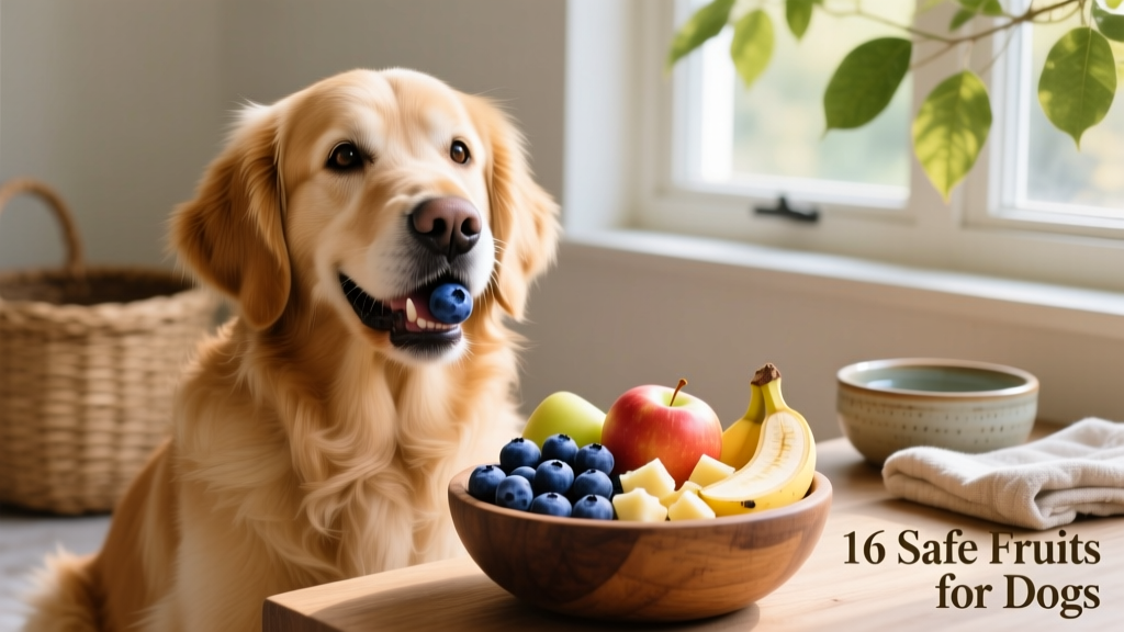 A happy dog gently holding a single blueberry in its mouth, sitting beside a small bowl of mixed safe fruits—blueberries, apple slices, and banana chunks