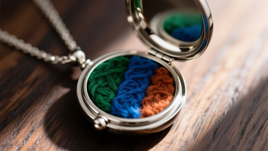 Close-up of an open stainless steel aroma oil necklace locket revealing a colorful wool felt pad on a dark wooden surface.