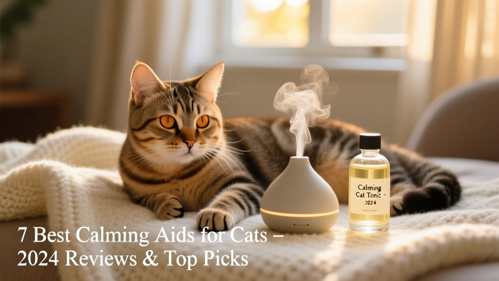 A relaxed cat resting on a soft blanket beside a calming diffuser and a small bottle of liquid supplement